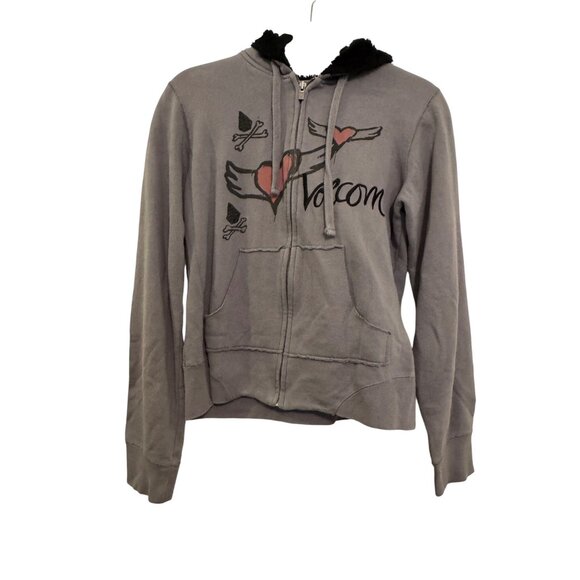 Volcom Womens Fleece Lined Hoodie Size L Gray Pink Winged Heart Print Zip Up - Picture 1 of 8